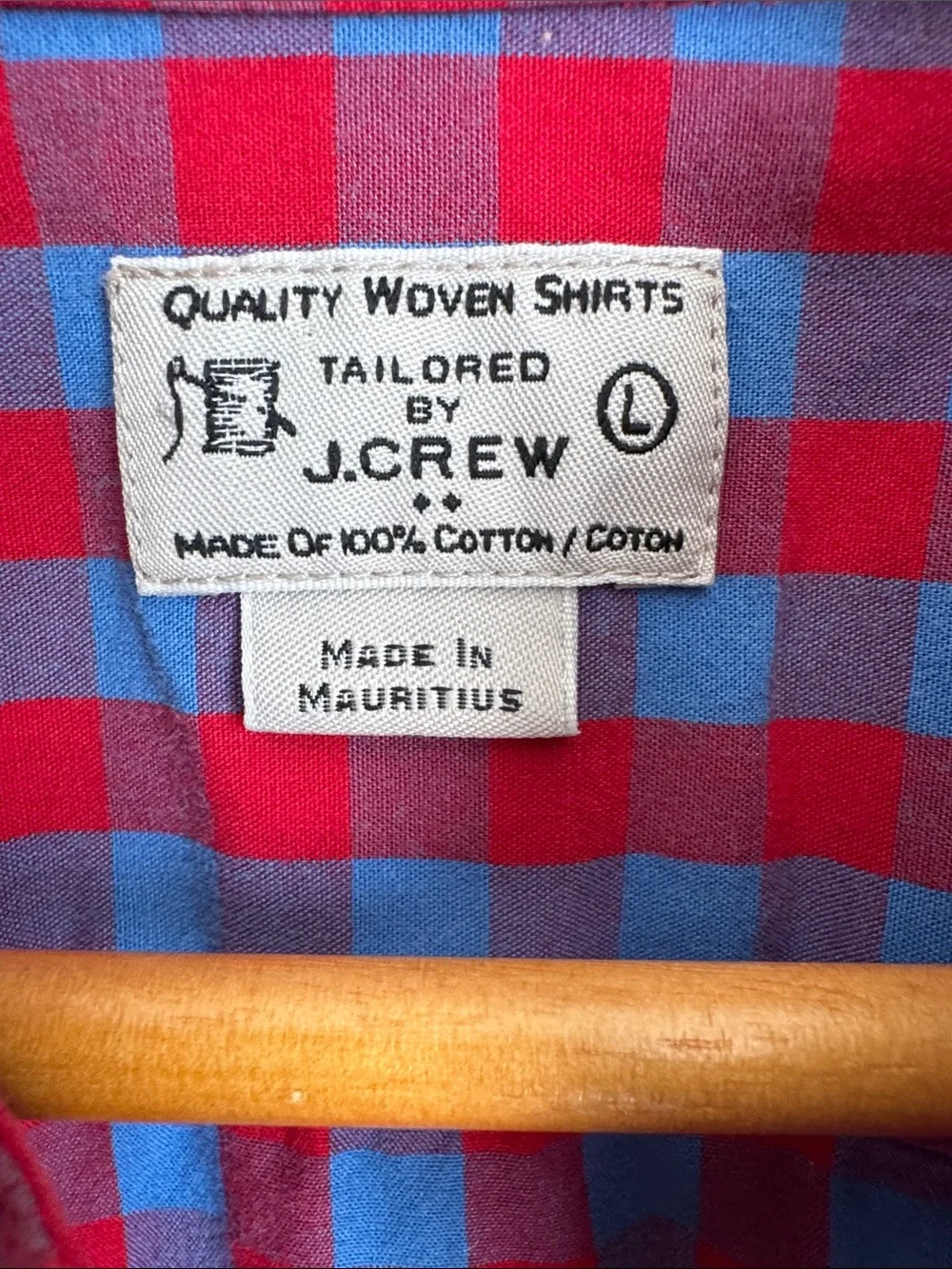J.Crew Tailored Gingham Check Button Down Shirt Red Blue 100% Cotton Size L